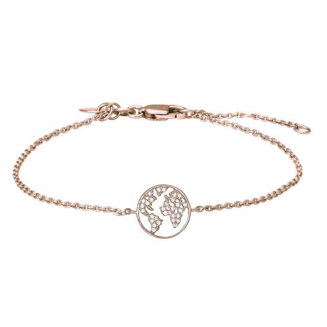 JoanliNor EttaNor armbånd i rosa forgyldt sølv med “Verden”-vedhæng og klare zirkonia.